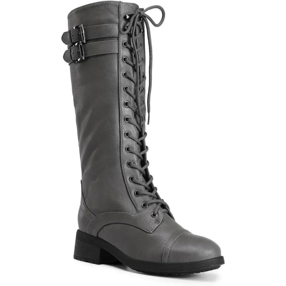 Women's Polyurethane Pu Georgia Grey Double buckle Knee High Riding Combat Boot